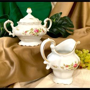 Johannes Haviland Cream and Sugar Moss Rose pattern gold trimmed.